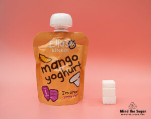 A photo of Ellas Kitchen mango yogurt pouch with 2.5 cubes of sugar.