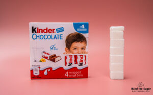 A photo of Kinder chocolate mini treats with 6.7 cubes of sugar.