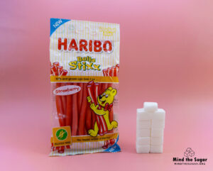 A photo of Haribo Balla Stixx (75g) with 10.9 cubes of sugar.