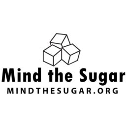 A black and white logo for Mind the Sugar. The logo is a stack of 3 sugar cubes, with the text "Mind the Sugar" in bold letters below.